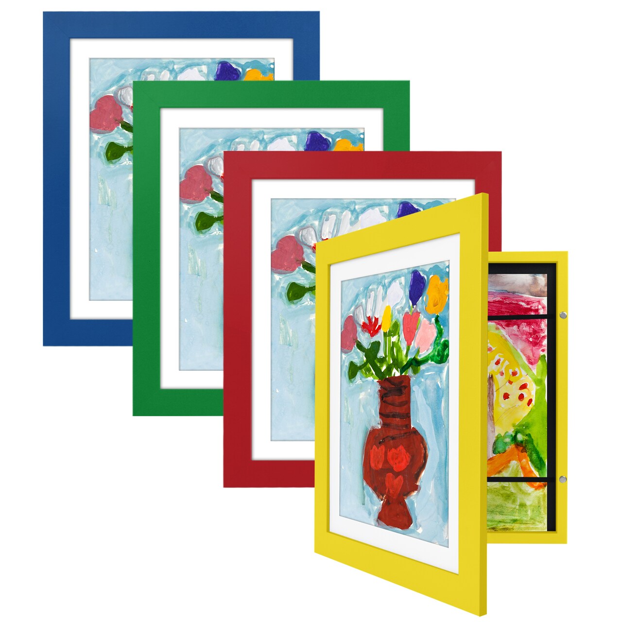 Americanflat 10x12.5 Kids Art Frame - Set of 4 - 8.5x11 with Mat or 10x12.5 without Mat - Kids Artwork Frame - Magnetic Frame Closure - Shatter Resistant Glass - Hanging Hardware